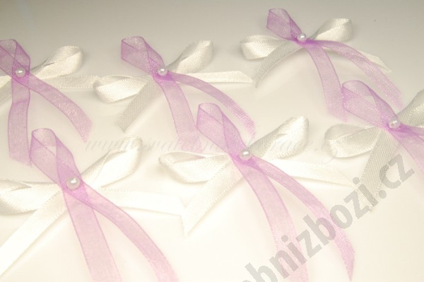 Svatební vývazky s perličkou - bílá, lila (1 ks)
