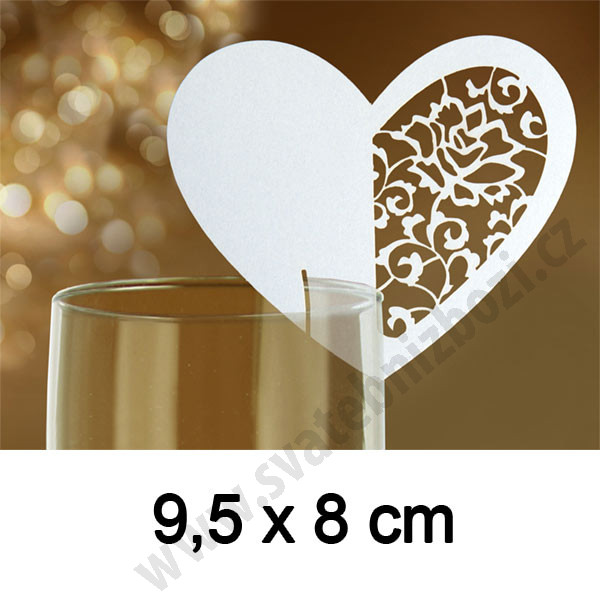 Svatební jmenovka Srdce s děrovaným ornamentem - 9,5 x 8 cm - bílá / perleťová ( 10 ks/bal )