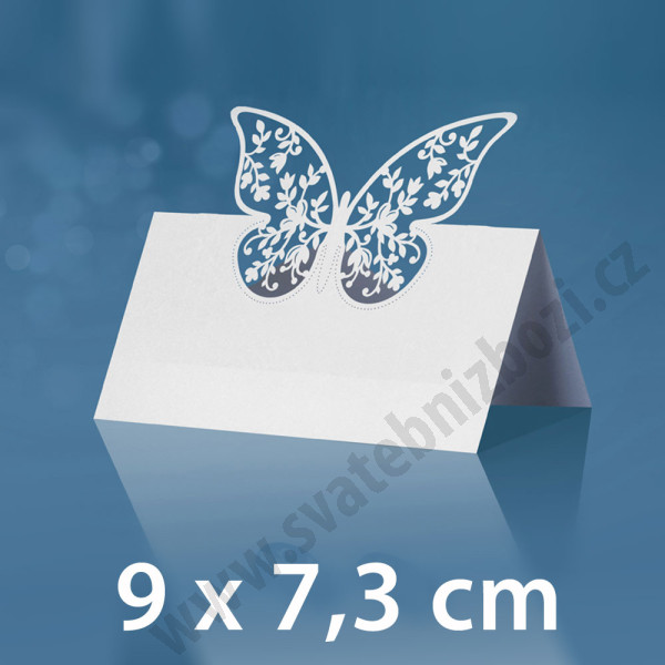 Svatební jmenovka obdélník s motýlkem 2 - 9 x 7,3 cm - bílá  ( 10 ks/bal )