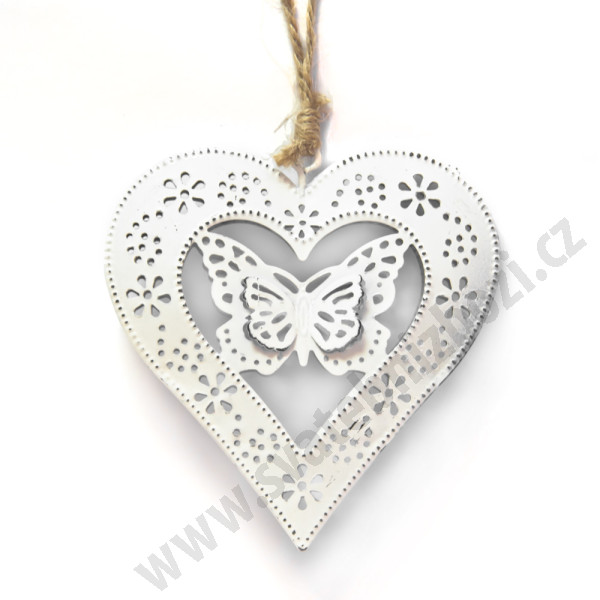 Metalové srdce - Motýl 9 cm - bílé (1 ks)