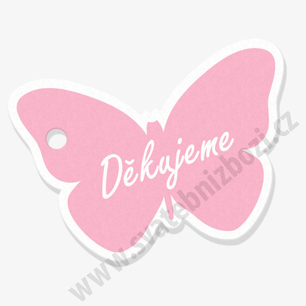 Visačka - motýl 4 x 4 cm - Děkujeme - růžová (18 ks/bal)