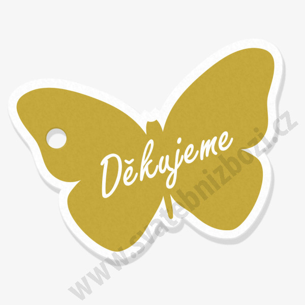 Visačka - motýl 4 x 4 cm - Děkujeme - zlatá (18 ks/bal)