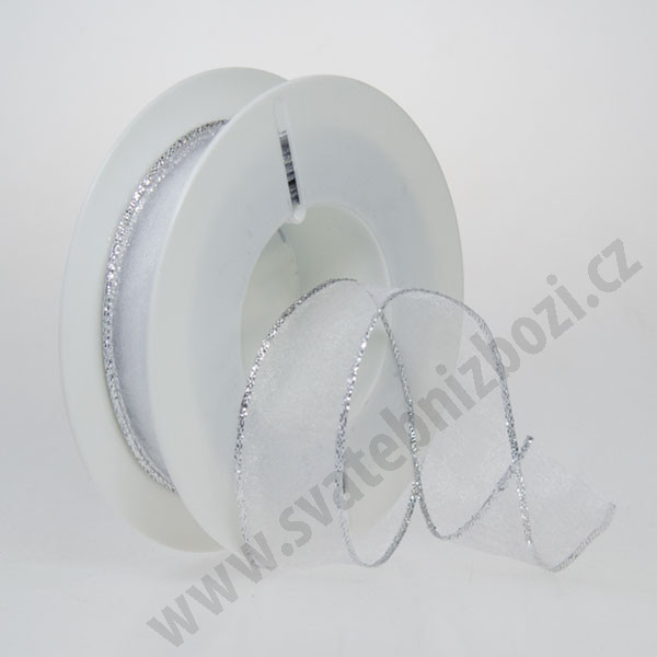 Organzová stuha s drátkem ORINOCO - bílá + stříbrná (25 mm, 25 m/rol)