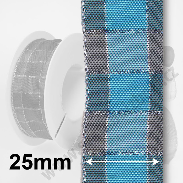 Dekorační stuha s drátkem KARO KARO -modrá + šedá (25 mm, 20 m) 