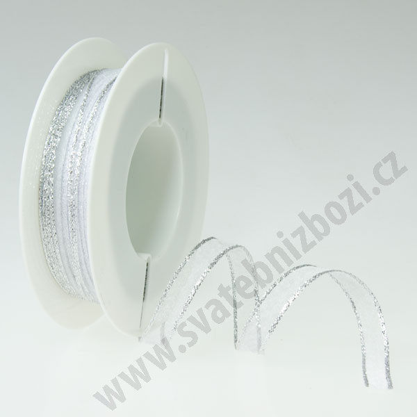 Organzová stuha se stříbrným okrajem ORIN - bílá + stříbrná (10 mm, 50 m/rol)