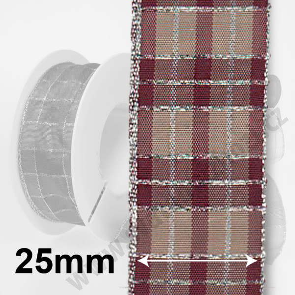 Dekorační stuha s drátkem KILT - fialová / stříbrná (25 mm, 20 m) 