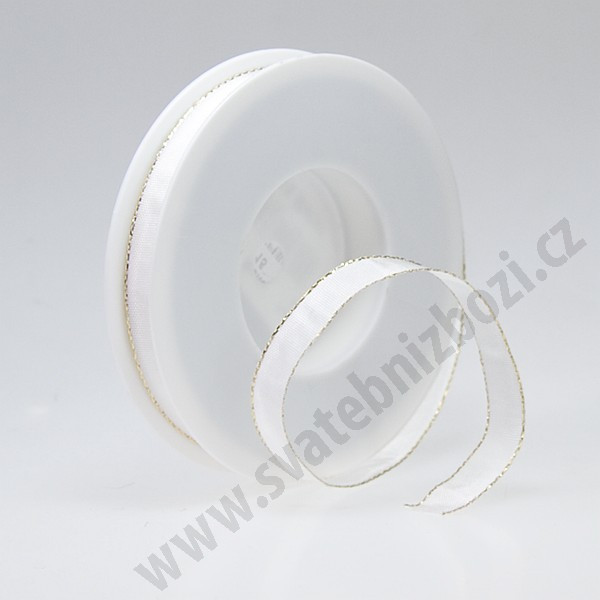 Dekorační stuha acetová s drátkem ACETO - bílá + zlatá (15 mm, 25 m/rol)