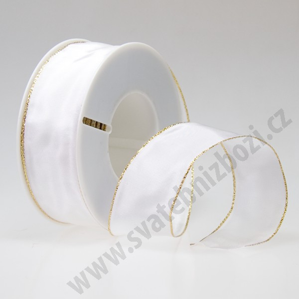 Dekorační stuha acetová s drátkem ACETO - bílá + zlatá (40 mm, 25 m/rol)