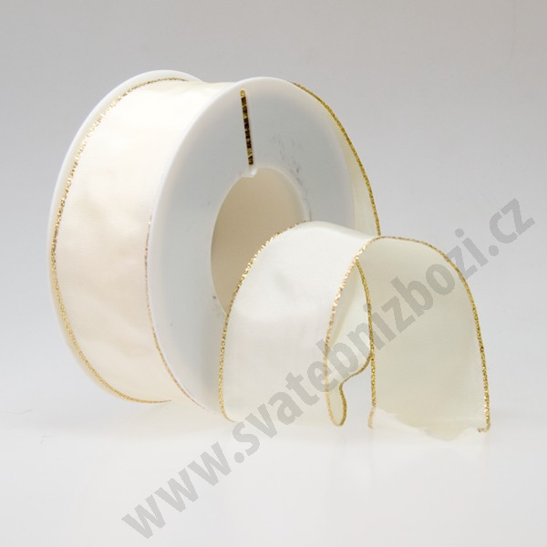 Dekorační stuha acetová s drátkem ACETO - krémová + zlatá (40 mm, 25 m/rol)