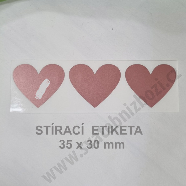 Stírací samolepka srdce 35 x 30 mm - starorůžová (3 ks / bal)