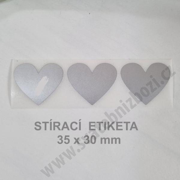 Stírací samolepka srdce 35 x 30 mm - stříbrná (3 ks / bal)