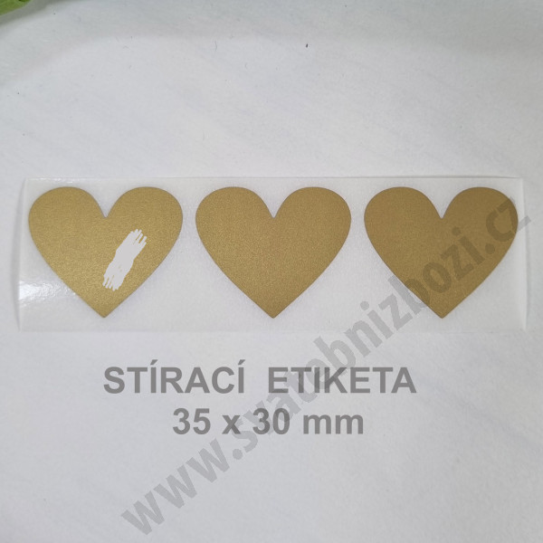 Stírací samolepka srdce 35 x 30 mm - zlatá (3 ks / bal)