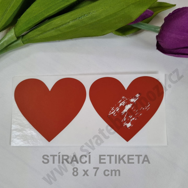 Stírací samolepka srdce 8 x 7 cm - červená (2 ks / bal)