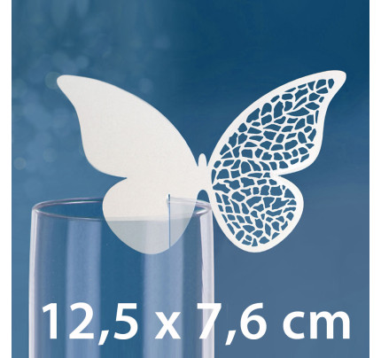 Svatební jmenovka Motýlek na skleničku 1 - 12,5 x 7,6 cm - bílá  ( 10 ks/bal )