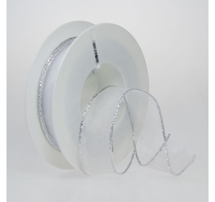 Organzová stuha s drátkem ORINOCO - bílá + stříbrná (25 mm, 25 m/rol)