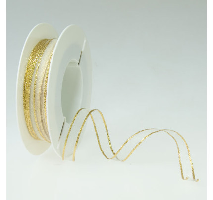Organzová stuha se zlatým okrajem ORIN - krémová + zlatá (10 mm, 50 m/rol)