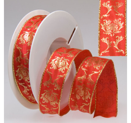 Dekorační stuha s drátkem ERBOS - červená + zlatá (25 mm, 20 m) 