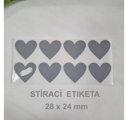 Stírací samolepka srdce 28 x 24 mm - šedá (8 ks / bal)